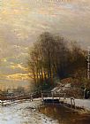 Louis Apol Canvas Paintings - Winter Landscape with Peasant Woman and Child